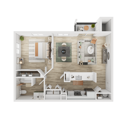 A top-down view of a modern kitchen with a wooden backsplash and white cabinets.